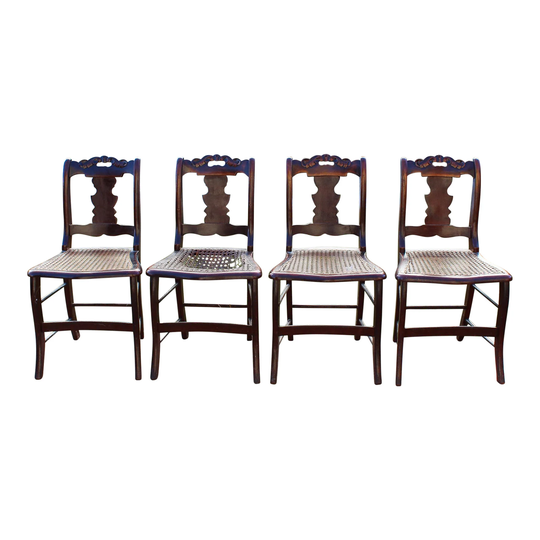 Victorian Carved Mahogany Cane Seat Saber Leg Dining Side Chairs, Set Of 4