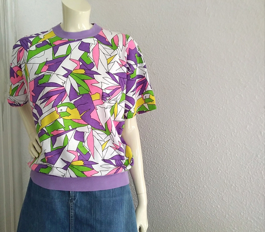 80S Colorful Print T-Shirt Pop-Art Acid Green Summer Multicolor Top Neon Colors Probably Cotton Stylized Parrot