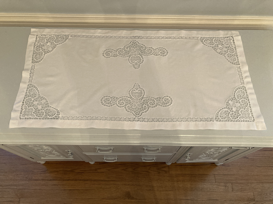 Vintage Cotton Linen Lace Inset Table Runner Or Dresser Scarf