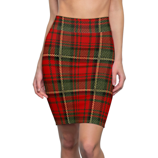 Red Green Plaid Skirt, Stretch Tartan Christmas Womens Pencil Skirt