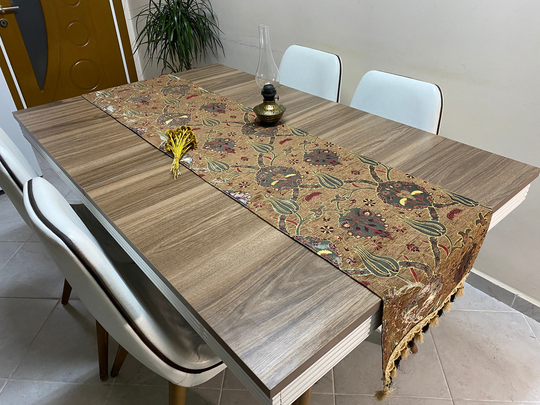 Brown Tulip Pattern Turkish Table Runner, Long Boho Wedding Decor, Gray Farmhouse Rustic Rnr398