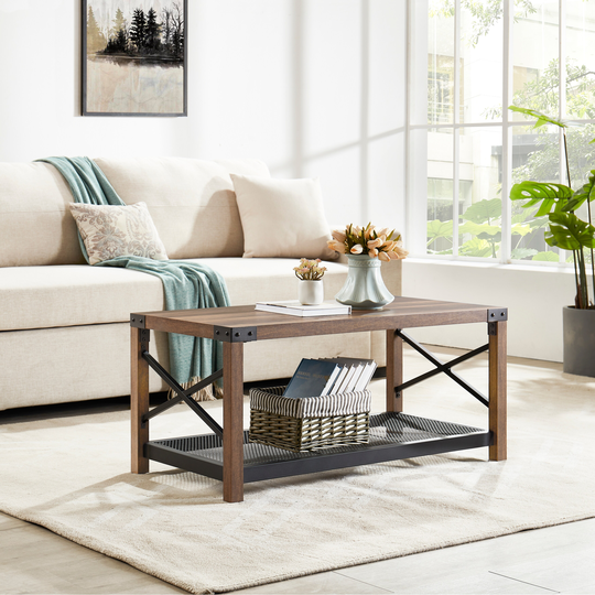 38.82" Farmhouse Coffee Table, 2-Tier Cocktail Table, Center Table with Mesh Shelf, Steel Frame, Corner Protection