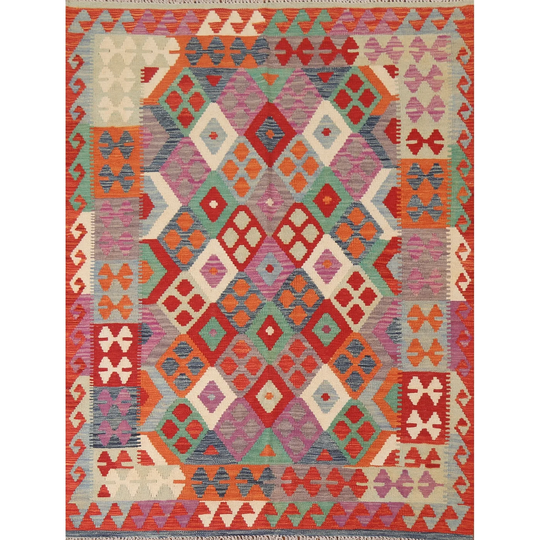 Colorful Kilim Oriental Area Rug Hand-woven Wool Carpet - 5'0"x 6'2"