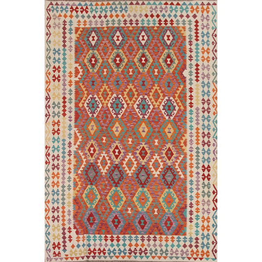 Geometric Kilim Oriental Area Rug Multi-Color Flat-weave Wool Carpet - 8'5" x 11'1"