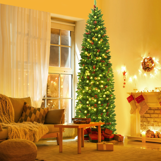 Gymax 7.5Ft Pre-Lit Pencil Christmas Tree Hinged Artificial Slim Tree - See Details