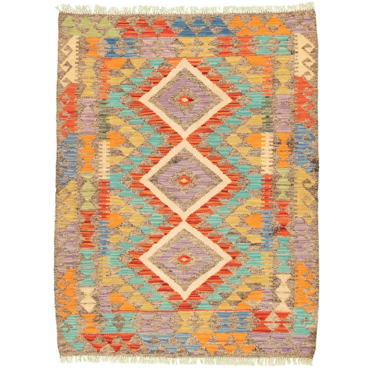 ECARPETGALLERY Flat-weave Bold and Colorful Multi Color Wool Kilim - 3'5 x 4'6