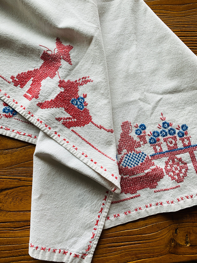 Card Table Mexican Motif Cross Stitched Tablecloth 35 X 33 Inches Natural Cotton