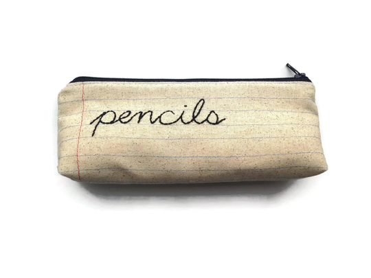 Fun Zipper Pouch Pencil Case - Hand Embroidered On Notebook Paper Fabric