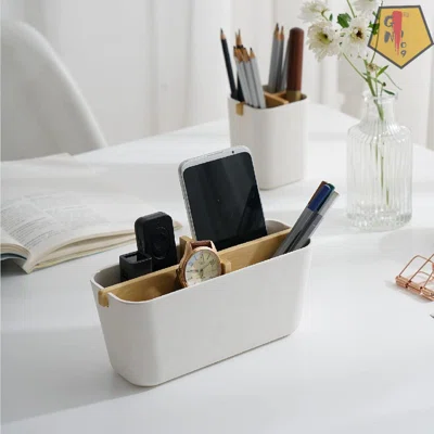 Desk Storage Box, Multifunctional Bamboo Deskstop Organizer With Wooden Partition Remote Control, Holder Pencil, Holder Pen, Vanity Table Organizer Fo