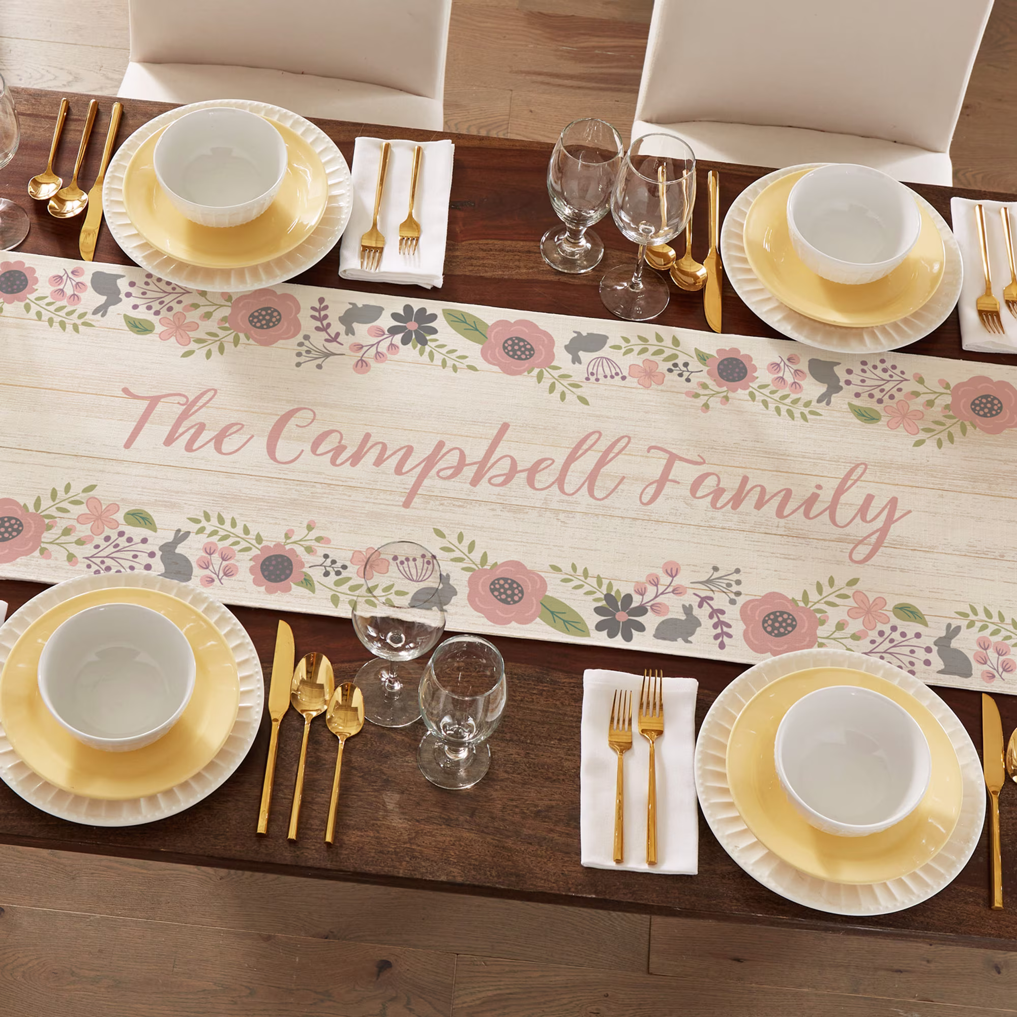Personalized Rustic Floral Table Runner - Spring Décor Easter Morning Brunch Customize With Message