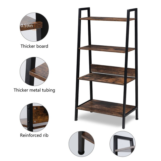 Rustic Brown Metal Frame 4-Tier Ladder Bookshelf Organizer