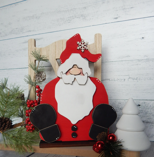 Wood Sitting Santa, Christmas Table Decor, Mantle Shelf Santa Time