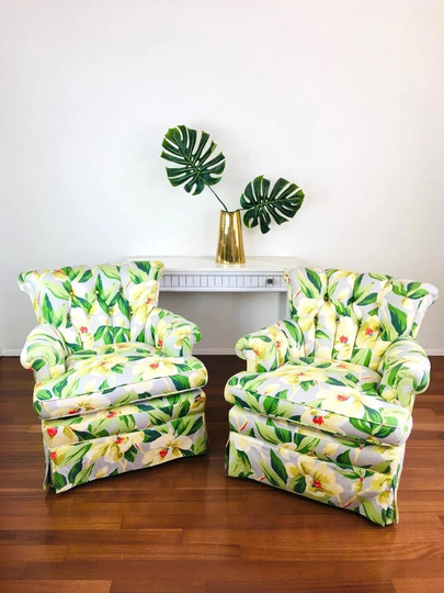 Vintage 1950S Oversized Floral Print Pair Of Colorful Button Tufted Rolled Back & Arm Chairs