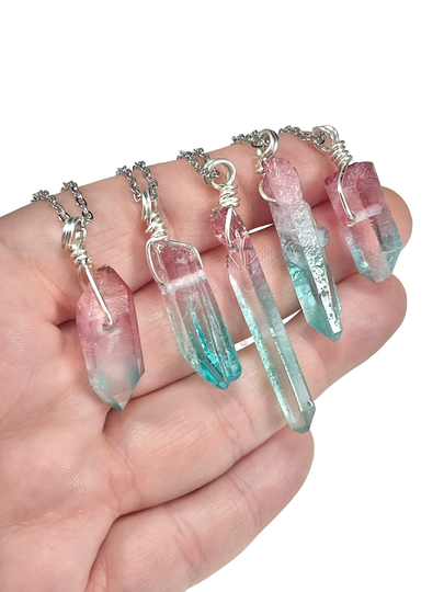 Multi Color Stone Pendant, Dyed Quartz, Teal & Pink Crystal Point Charm On Silver Plated, Stainless Steel, Or Sterling Chain