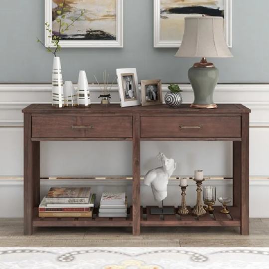 Classic Solid Console Table with 2 Drawers and Slatted Shelf, Entryway Table with Storage, Living Room, Hallway