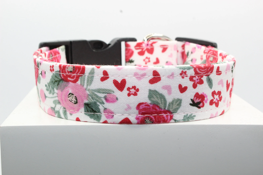 Blooming Love Dog Collar, Handmade Custom Fabric Print St. Valentine Dog Collars