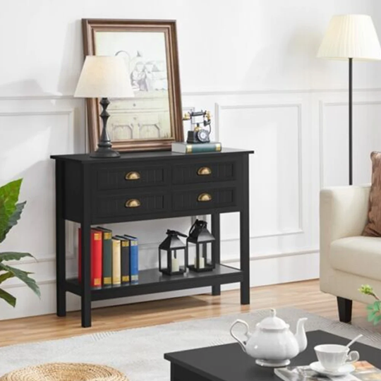 4-Drawer Console Table With Open Shelf, Narrow Long Table Bl