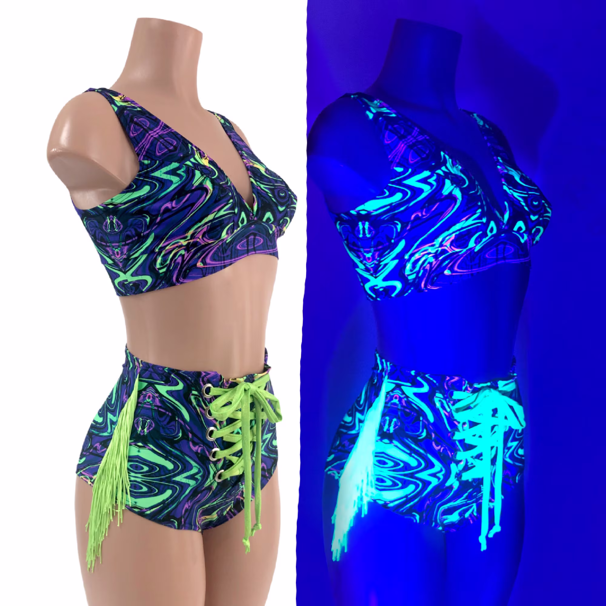 2Pc Neon Melt Starlette Bralette & High Waist Siren Shorts With Front Laceup & Green Fringe On Hips. Tie in Lime Holo 157652
