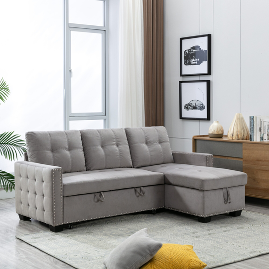 77 Inch Reversible Sectional Storage Fabric Sleeper Sofa Bed, L-shape 2 Seat Sectional Chaise with Storage for Living Room