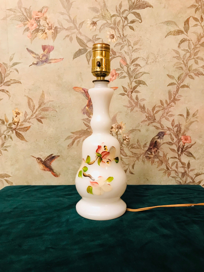 Midcentury Milk Glass Regency Table Lamp With Hand Painted Floral Pink Design - Bedroom/Living Room Bedside
