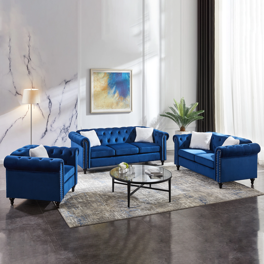 3 Piece Living Room Sofa Set, including 3-seater sofa, loveseat and sofa chair, with button,copper nail and 5pcs pillow.