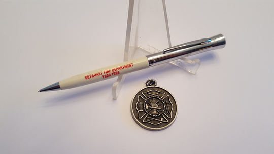 Vintage Circa 1980's Setauket Fire Department Items, Garland Mechanical Pencil & Pewter Pendant Medallion