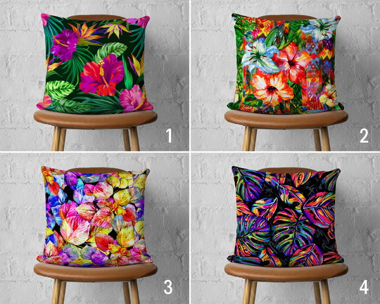 Vibrant Colorful Flowers Pillow Cover, Vivid & Bright Colored Leaves Case, Tropical Summer Cushion Housewarming Gifts