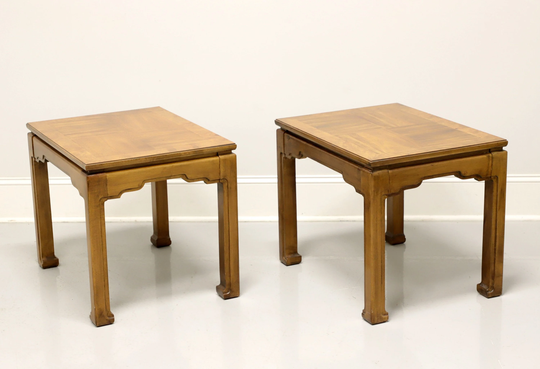 Thomasville Burl Oak Asian Ming Influenced Parquetry End Side Tables - Pair