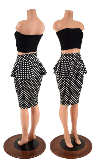 Black & White Polka Dot Peplum Wiggle Skirt With Zen Strapless Tube Top 2Pc Set 157617