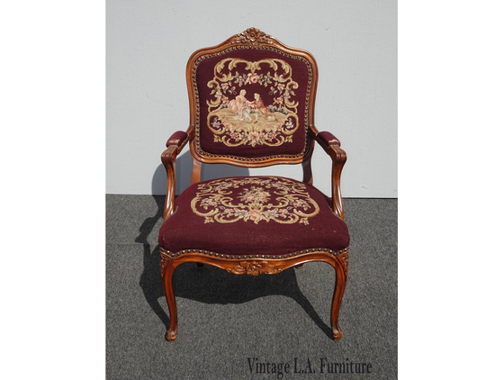 Vintage French Provincial Burgundy Needlepoint Tapestry Bergere Accent Chair