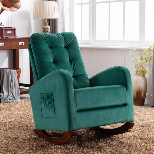 Upholstered Rocking Chair Comfortable Living Room Rocker Lounge Armchair with Solid Wood Base