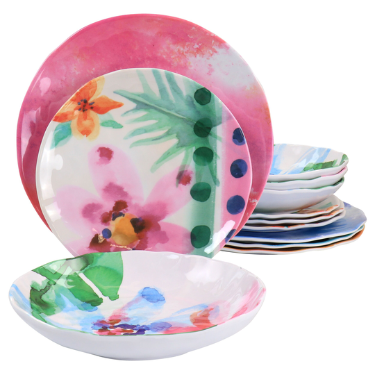 Spice by Tia Mowry Floral Cinnamon Twist 12 Piece Melamine Dinnerware Set in Assorted Colors - 12 Piece Set
