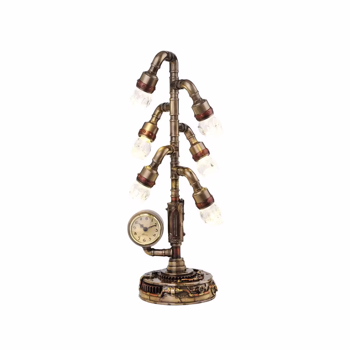 17.1 Inch Steampunk Pipework Table Clock Stand With Led Skull Bulb, Bronze Hand-Painted Product