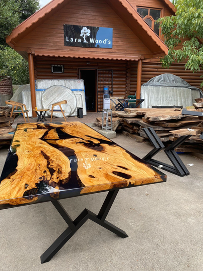 Olive Wood Epoxy Table, Custom 106" X 44" Black Resin Live Edge Table For Gina