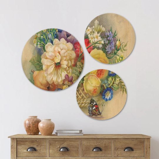 Designart 'Bunch of Flowers and Fruits' Floral Wood Wall Art Set of 3 Circles - Multi-Color