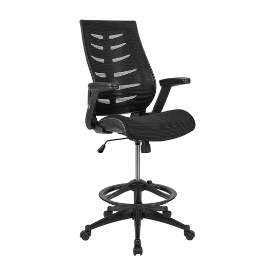 Offex High Back Black Spine-Back Ergonomic Drafting Chair w/ Foot Ring - 28"L x 28"W
