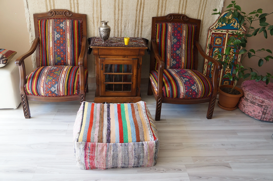 Square Colorful Pouf Cover Floor Pillow Bean Bag Ottoman Stool Chair Cotton Handmade Decorative Contemporary Seat
