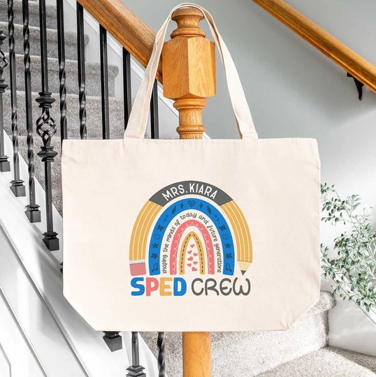Personalized Sped Crew Zippered Tote Bag, Rainbow Pencil With Name, Custom Teacher Work Team Bulk Gift, Special Education