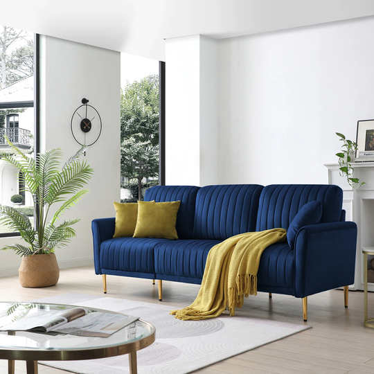 Tufted 3-Seat Sofa Couch, Office, Studio 3 Pillows Included, velvet fabric, metal sofa legs and unified wood structure