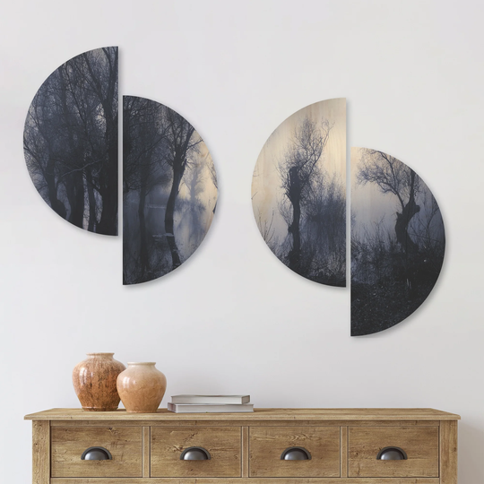 Designart 'Creepy Landscape in Sepia Tones' Landscape Wood Wall Art Set of 4 Half Circles - Multi-Color
