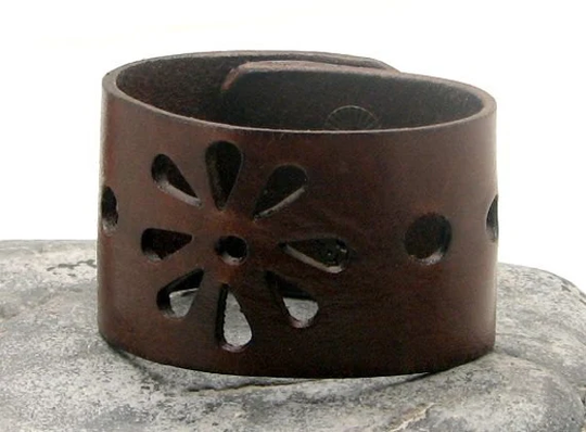 Christmas Gift Women Leather Bracelet, Flower Decorated Brown Cuff Women's Brown Women Bracelet