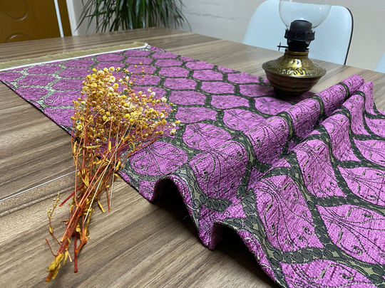 Lilac Peacock Tail Pattern Turkish Table Runner, Short Boho Wedding Decor, Farmhouse Rustic Bridal Shower Rnr432