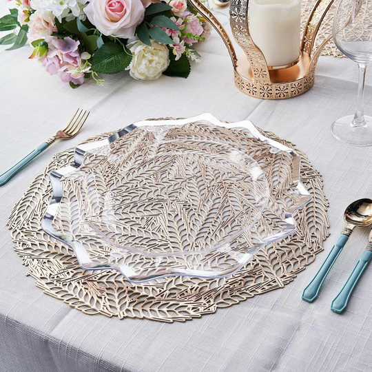 15" Wheat Design Placemat, Dining Table Placemats, Round Mats, Wedding Vinyl Lace Doilies, Charger Plates - 6 Pack | Gold
