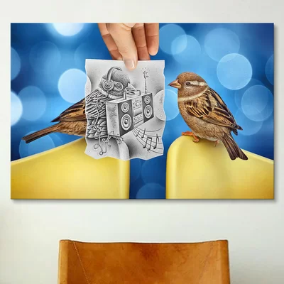 'Pencil with Camera 66 - Electro Birds' by Ben Heine Graphic Art on Wrapped Canvas