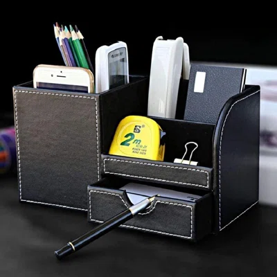 Office Desk Stationery Organizer,Multi-Function Wooden Struction Leather Desktop Storage Pen Box,Business Name Cards,Remote Control Holder With Small
