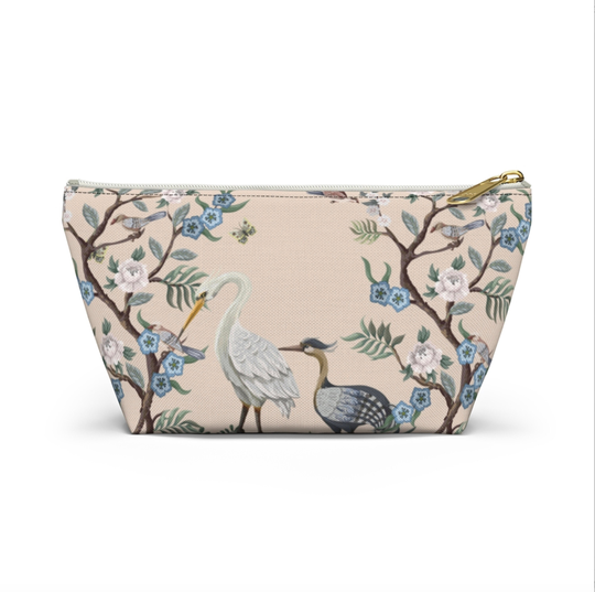 Crane Floral Print Zippered Pouch, Toile/Animal Printed Design, Cosmetics/Pencil/Make-Up Organizer/Bag Blush Pink Bird/Nature Pattern/Design