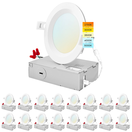 Luxrite 16 Pack 4" Ultra Thin LED Recessed Light J-Box 10.5W 5 Color Options Dimmable 750 Lumens Baffle IC Rated