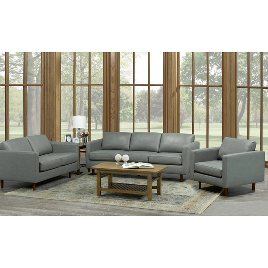 Booker Mid Century Modern Grey Top Grain Italian Leather Tufted Sofa, Loveseat and Chair