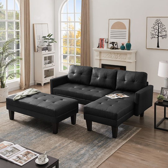 Moda Furnishings Faux Leather Sectional sofa bed , L-shape Sofa Chaise Lounge with Ottoman Bench