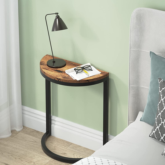 End Table Half Round, Narrow Wood Side Table with Metal Frame - 19.69"D x 9.84"W x 23.62"H